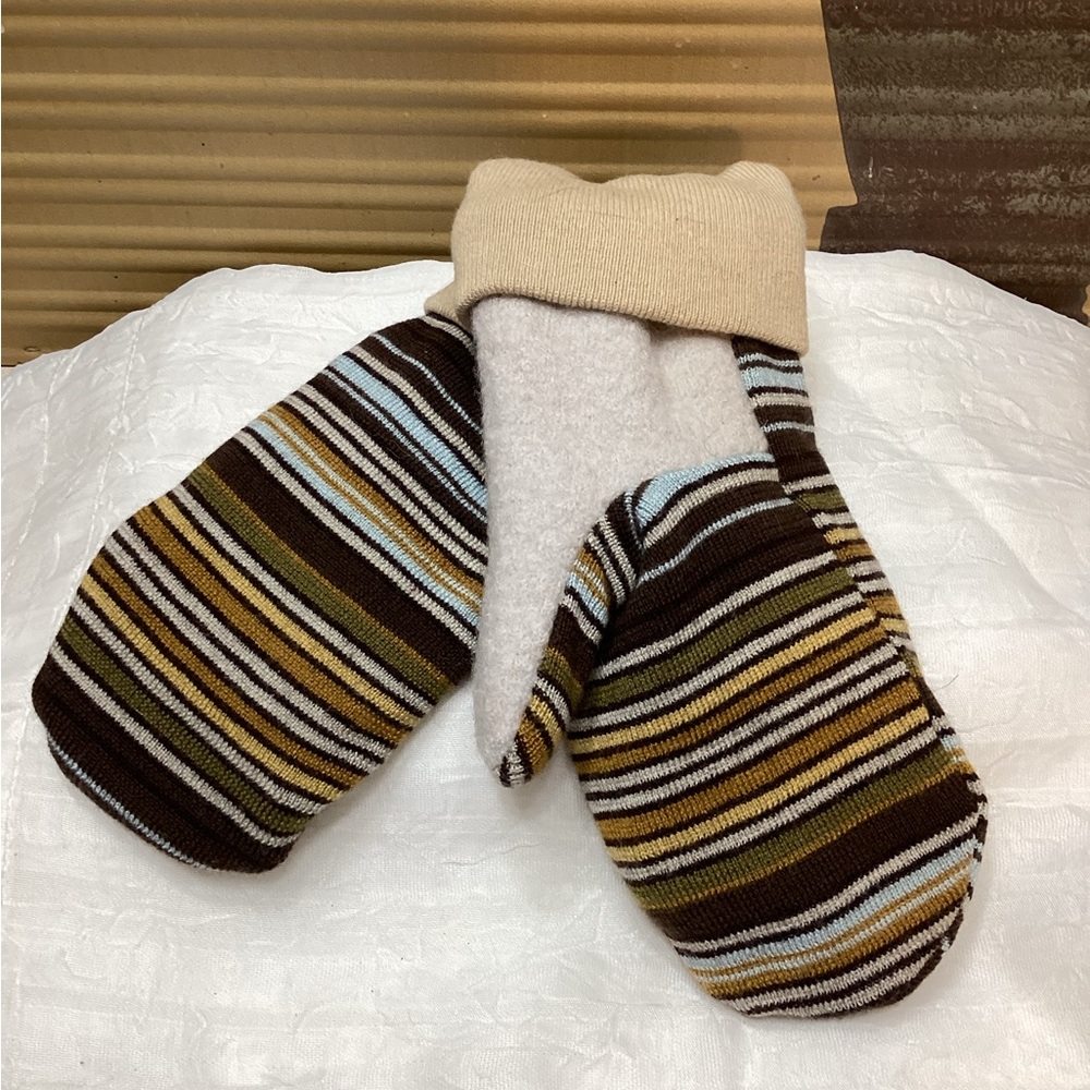 Natural Colored Striped Mittens with Beige Cuffs Handmade Fleece Lined Adults